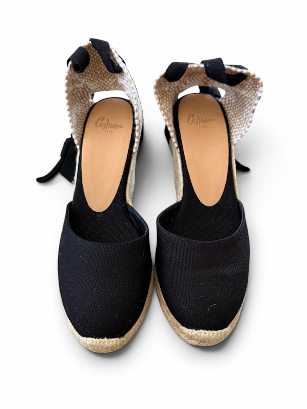 Castaner Black Canvas Espadrille Wedge Sandals with Ankle Tie 6 NWB